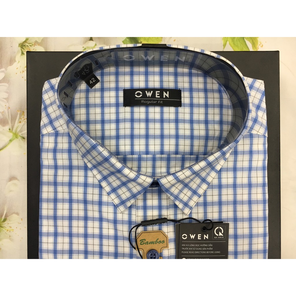 Áo Sơ Mi Nam Dài Tay Owen AR22245DT Somi Công Sở Cao Cấp Màu Trắng Caro Xanh Blue Chất Sợi Tre Mềm Mát Dáng Suông Có Túi