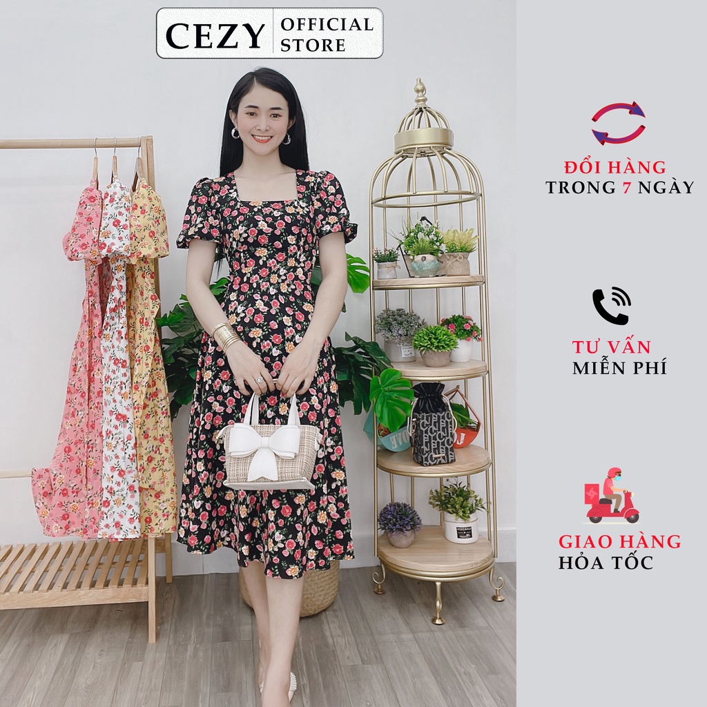 Đầm hoa nhí cổ vuông tay phồng dây thắt nơ eo có size bigsize CEZY D95 | BigBuy360 - bigbuy360.vn