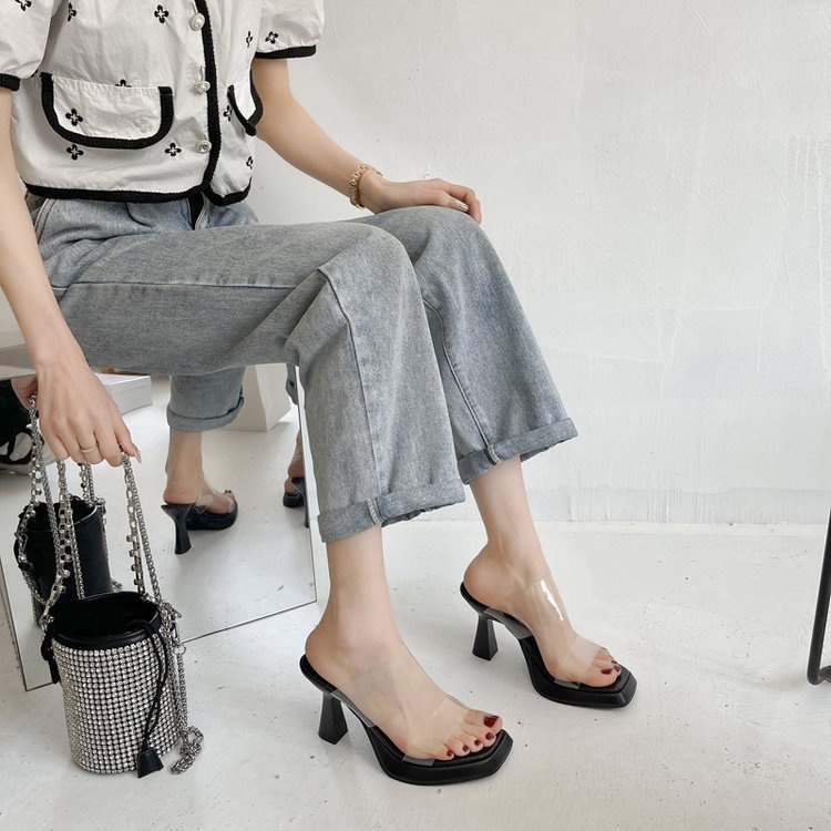 Dép Sandal Cao Gót Mũi Vuông Quai Trong Suốt Thời Trang Mùa Hè 2022 Cho Nữ