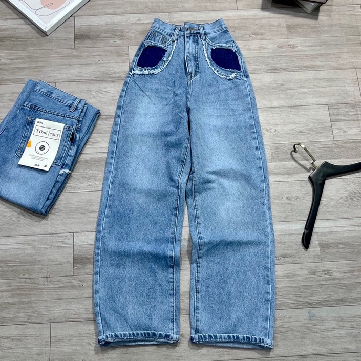Quần Jeans Nữ Ống Rộng Phối Túi Màu Cá Tính Phong Cách Hàn Quốc - 307