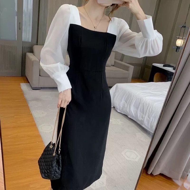Đầm dự tiệc màu trắng đen cổ vuông chất liệu voan lụa sang chảnh - đầm nữ dự tiệc form suông dài