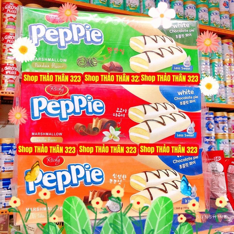 Bánh PEPPIE Richy Phủ Sôcôla Trắng -3 Vị SỮA DỪA, SÔCÔLA, LÁ DỨA 360g (18g x 20gói)