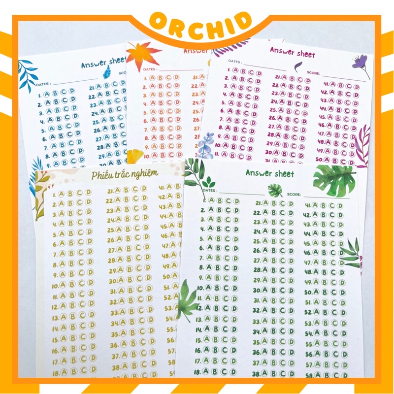 Set 10 phiếu điền trắc nghiệm, answer sheet lá nhiều màu size A6