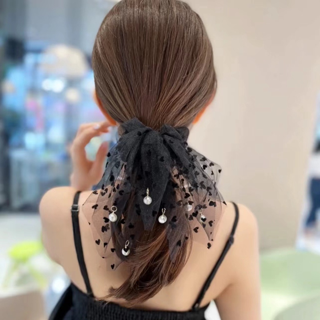 Dây Buộc Tóc Vải Lưới Phối Ren Thắt Nơ Họa Tiết Chấm Bi Cỡ Lớn Thời Trang Hàn Quốc