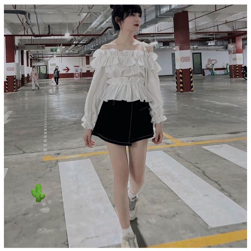 Áo bẹt vai nhún bèo 2 tầng tay phồng dài màu trắng tinh khôi thời trang peplum cổ điển đáng yêu gợi cảm PC