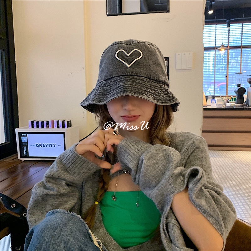 Mũ Tai Bèo Vải Denim Màu Đen Họa Tiết Trái Tim Chống Nắng Thời Trang Cho Nữ