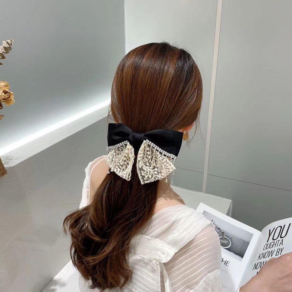 QQMALL Kẹp Tóc Nơ Đính Đá Phối Ren Xinh Xắn Cho Nữ