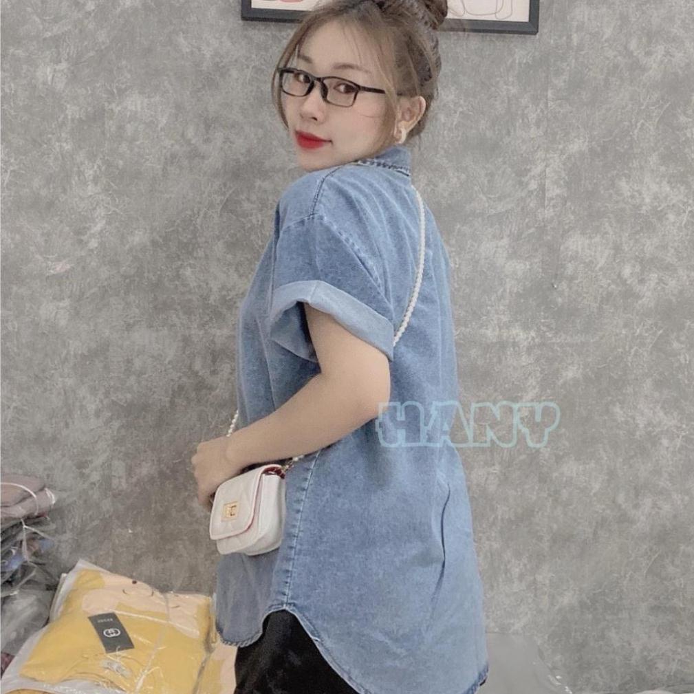 Áo Sơ Mi Bò Cộc Tay Vải Denim Dáng Rộng dưới 60kg - Áo Somi Nữ Ngắn Tay Túi Trước F029.
