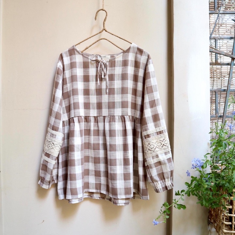Áo babydoll caro phối ren | Lá Xoè