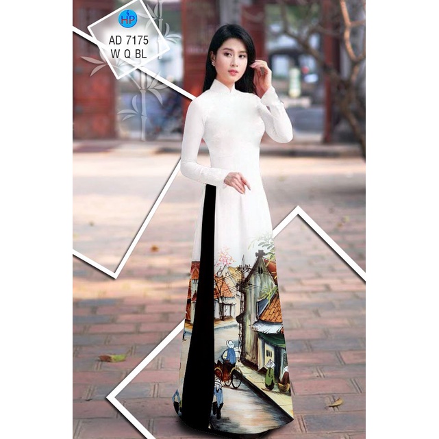 Vải áo dài họa tiết phố cổ , chất lụa ruby bóng nhẹ, sang trọng, mềm, mượt, mịn, mát, co giãn nhẹ bề ngang.