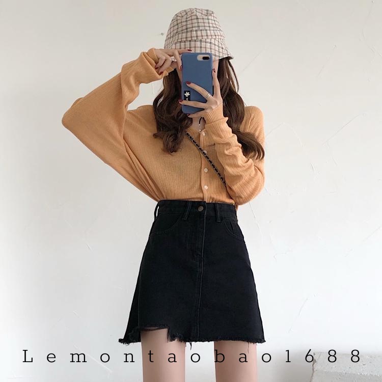 Chân Váy Jean Rách Chữ A Màu Đen/ Xanh Size SML Cho Nữ Lemontaobao1688