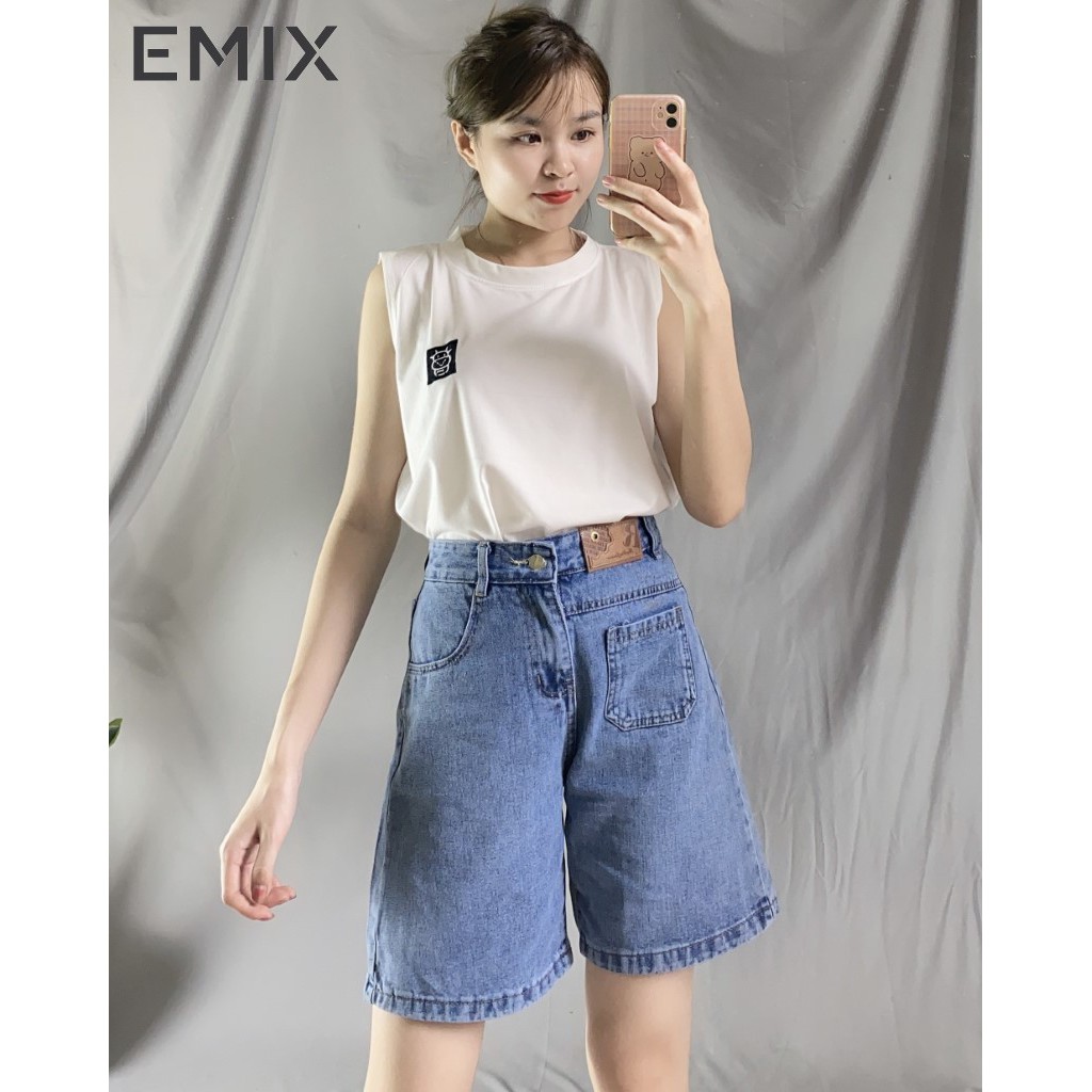 Quần short nữ chất jean cạp cao túi trước EMIX (2 màu), unisex, form rộng, chất đẹp không bai màu, năng động 9015