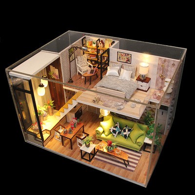Nhà búp bê Tự làm bằng gỗ  [Nhà Mô Hình có nội thất  ROMANTIC EUROPE+ đèn LED] Có remote điều khiển từ xa