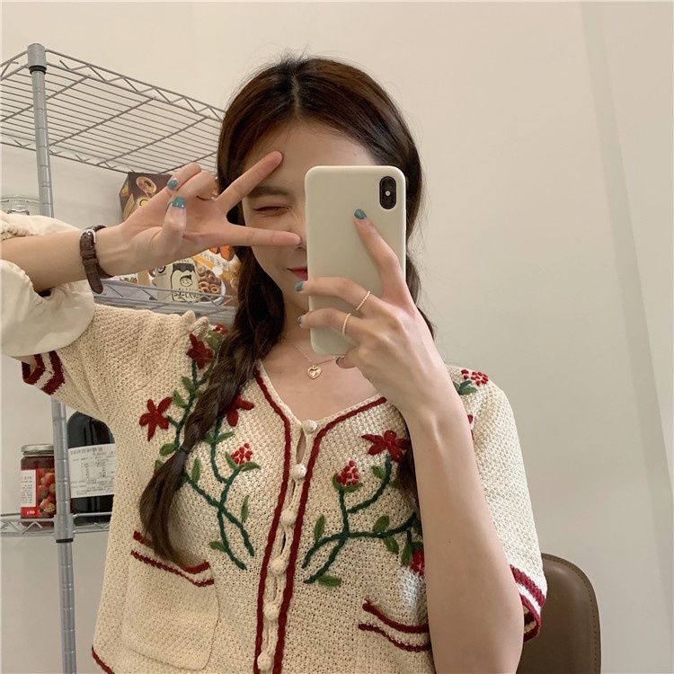 SUXI Áo Croptop Dệt Kim Tay Ngắn Cổ Chữ V Thêu Họa Tiết Thời Trang Mùa Hè Phong Cách Hàn Quốc