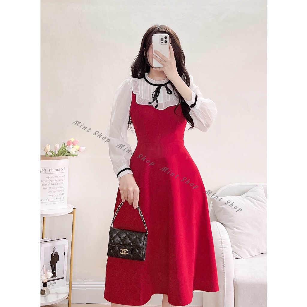 Váy thiết kế phối đen- trắng, đỏ trắng tay voan cổ bèo nơ kiểu dáng tiểu thư sang trọng | BigBuy360 - bigbuy360.vn