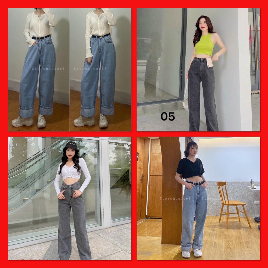 Quần jeans nữ Xuông trơn túi nhỏ 2 màu xanh - xám khói, quần bò lưng cao form đi học ulzzang