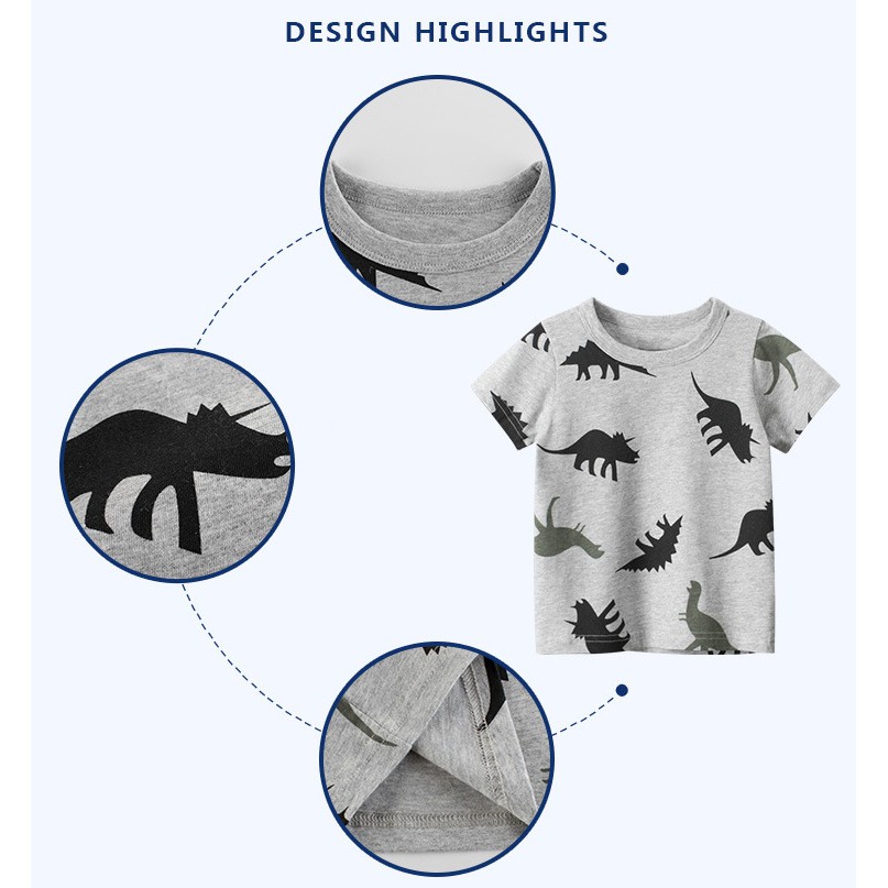 Áo Thun Cotton Tay Ngắn In Hình Khủng Long Dễ Thương Cho Bé Trai
