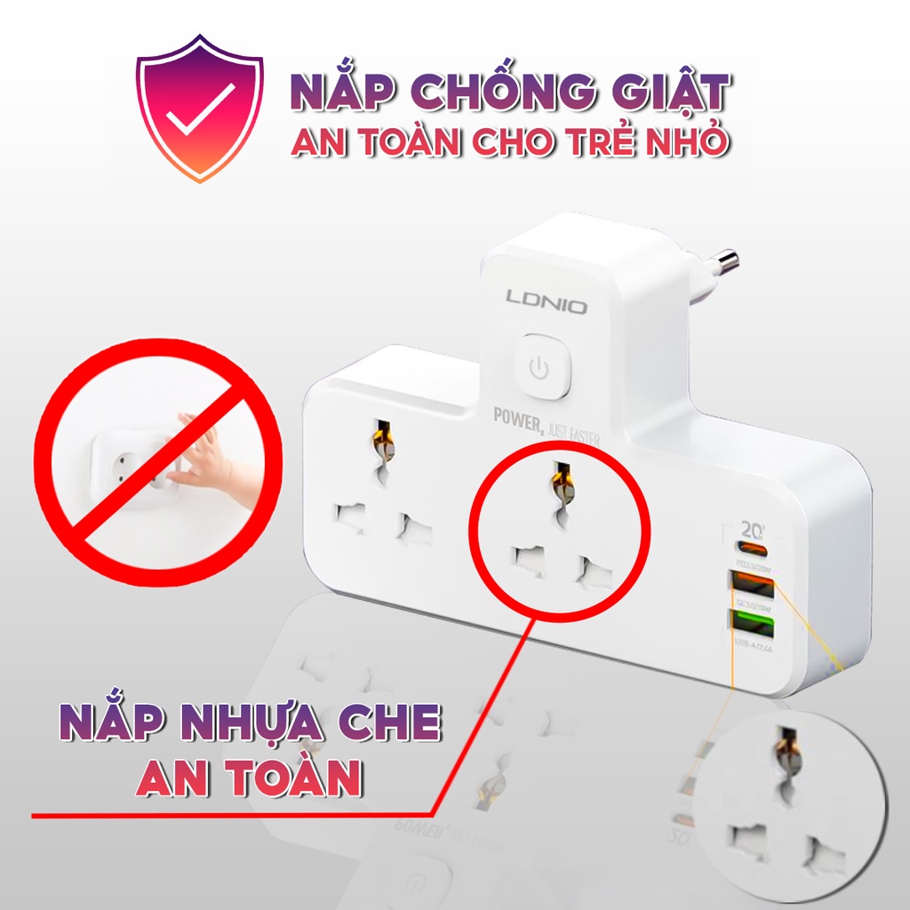 Ổ Cắm Điện Đa Năng Thông Minh LDNIO SK22 có đèn ngủ sạc nhanh USB-C 20W cổng QC 3.0 18W hai ổ 220V an toàn chống cháy nổ