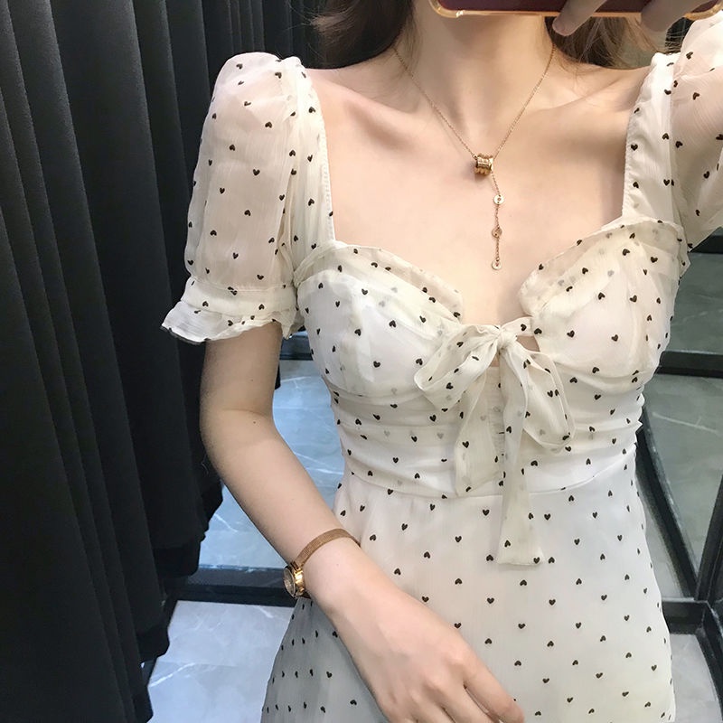 (Có Sẵn) Đầm tiểu thư họa tiết chấm bi cổ vuông xinh xắn (Kèm ảnh thật)