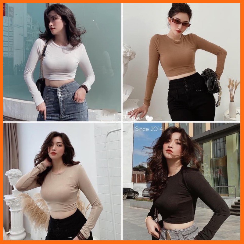 Áo croptop dài tay trơn cổ tròn dáng ôm MADELA vải thun bozzip dày dặn,croptop tay dài trơn cổ tròn dáng ôm-ACTNCTDT
