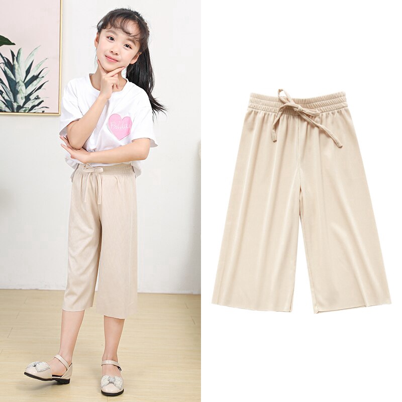 Quần Lửng Vải Lụa Lạnh Ống Rộng Thời Trang Mùa Hè Dành Cho Bé Gái 5-12 Tuổi