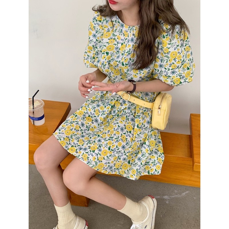 (SẴN) Váy hoa babydoll cổ tròn, tay bồng, dáng xoè có dây thắt đai eo (có ảnh thật) | BigBuy360 - bigbuy360.vn