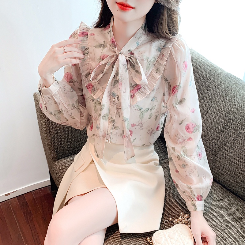 Áo Sơ Mi Chiffon Tay Dài In Hoa Cột Dây Nơ Thời Trang Mùa Thu Cho Nữ