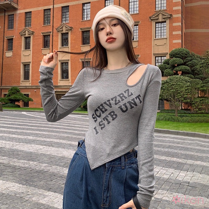 Áo Thun Lửng Tay Dài In Chữ Trẻ Trung Cho Nữ