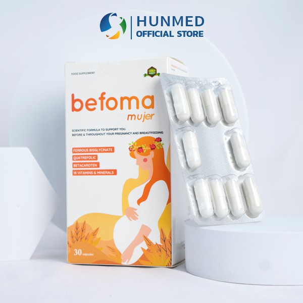 Sắt Befoma Hunmed - Bổ sung Sắt, acid folic và vitamin khoáng chất cho mẹ bầu hộp 30 viên