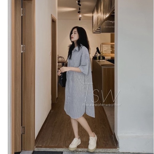 Đầm sơ mi ngắn tay kẻ sọc chất xốp siêu mát hài màu đen xanh. Váy polo kẻ sọc đuổi tôm xẻ tà siêu điệu