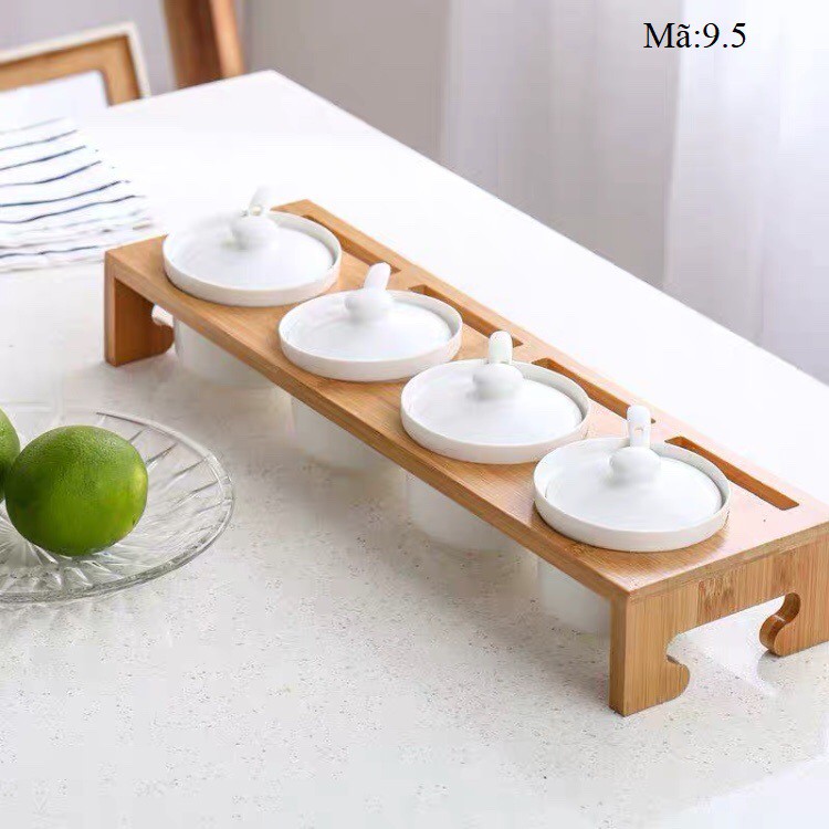 Bộ 4 hũ gia vị bằng sứ kèm giá trúc gọn gàng, dụng cụ nhà bếp: 9.5 và 9.30