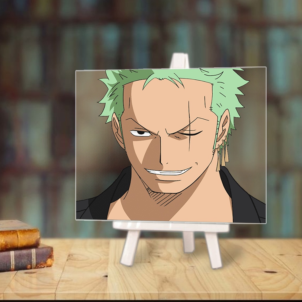 Tranh kính ONE PIECE ĐẢO HẢI TẶC anime chibi acrylic mica trong trưng bày trang trí góc học tập giá gỗ