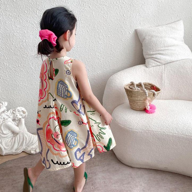 Đầm Sát Nách Cổ Tròn In Họa Tiết Graffiti Phong Cách Hàn Quốc Thời Trang Mùa Hè Cho Bé Gái
