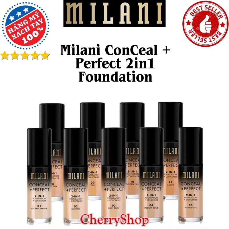 [Hàng Ý/BestSheler] Kem Nền Milani CONCEAL + PERFECT 2 In 1  Foundation + Concealer (30ml)
