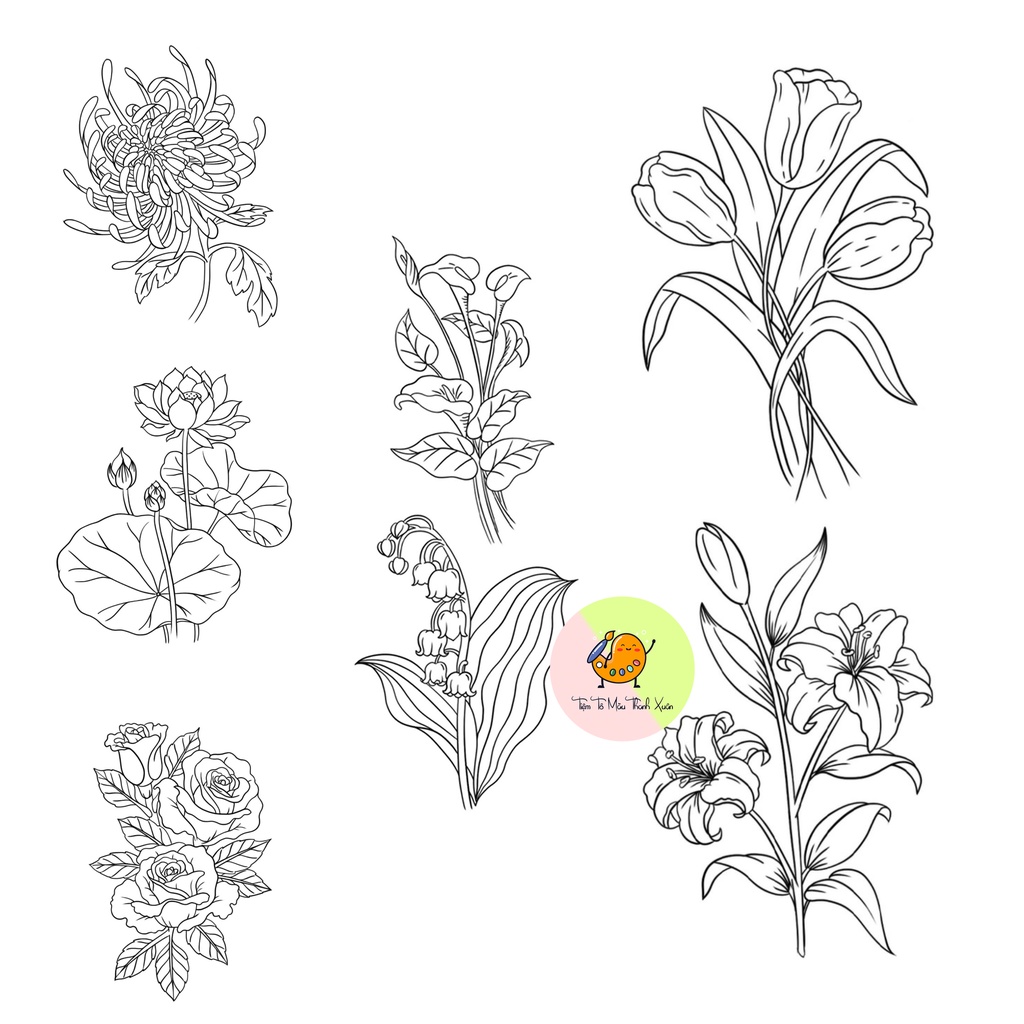 Set 5 Tờ Tranh Tô Màu Hình Bông Hoa Đơn Giản Kích Thước A5 Tô Màu Sáp, Màu Chì - Tiệm Tô Màu Thanh Xuân