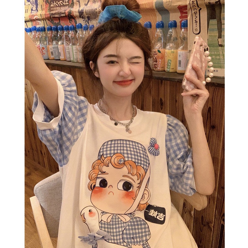Áo Thun Ngắn Tay In Họa Tiết Hoạt Hình Phong Cách Hàn Quốc Thời Trang Cho Nữ