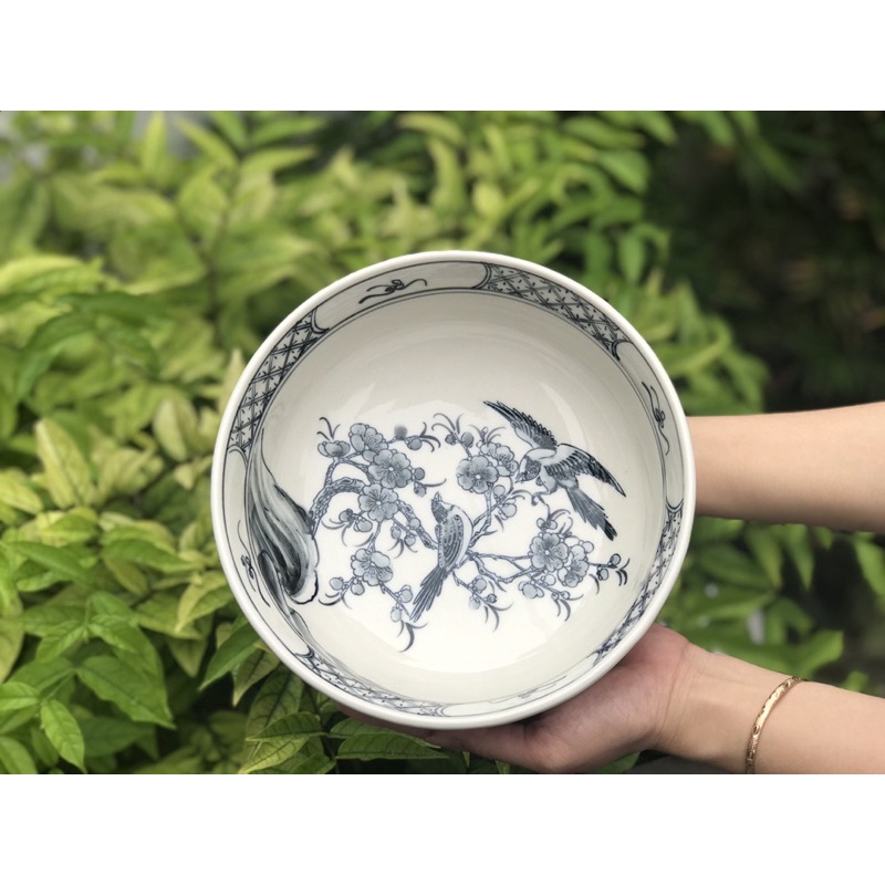 Bộ bát đĩa hoa mặt trời chim đào Bát Tràng cao cấp vẽ tay