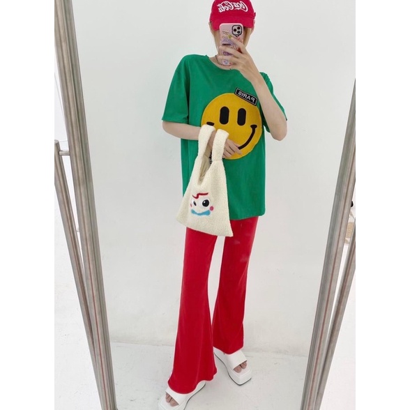 [ XÃ KHO SALE LỖ] set quần suông đỏ áo thun cotton mặt cười thêu, set quần suông cá tính