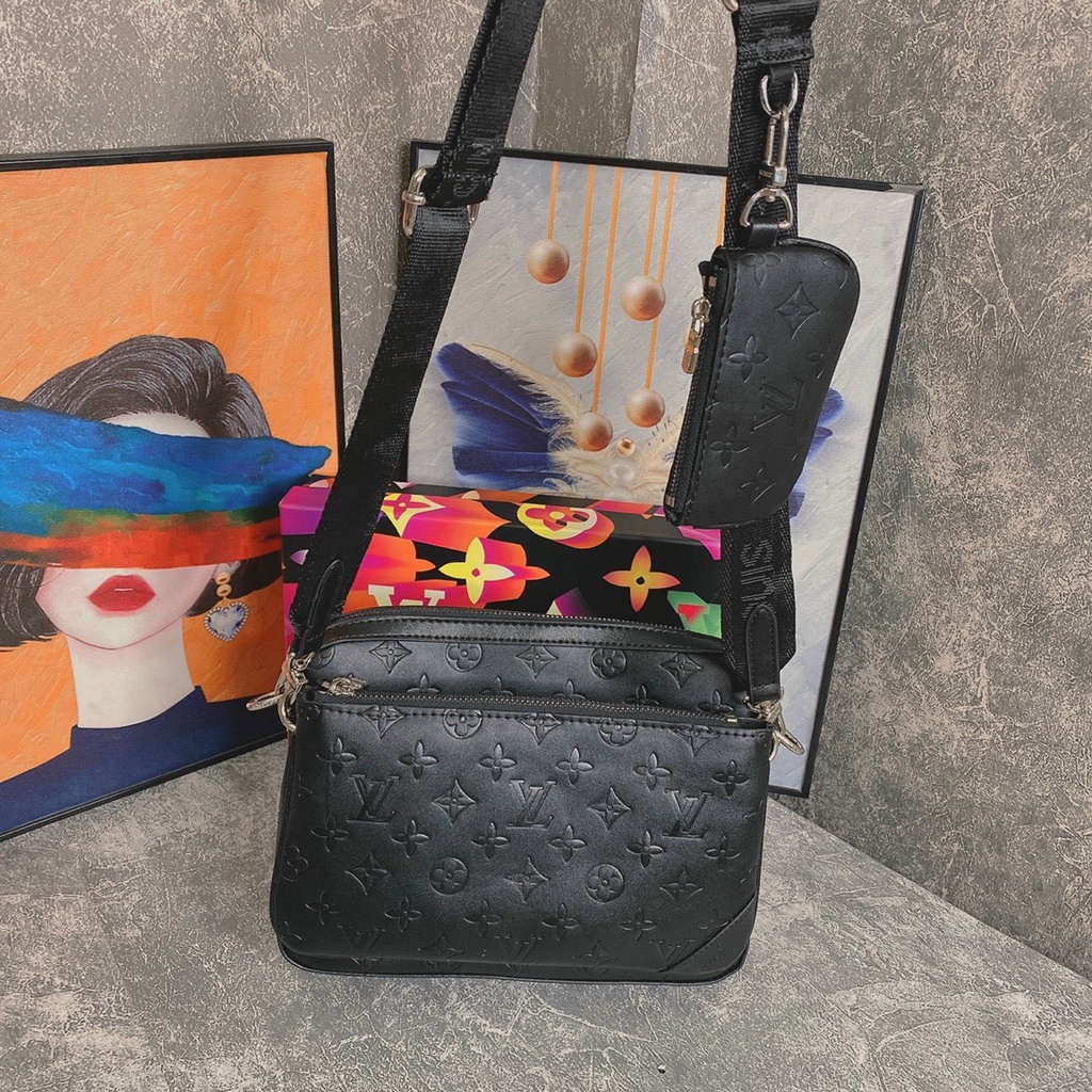 Túi đeo chéo L V sét 3 món vân hoa chìm LA fullbox bill thẻ túi vải