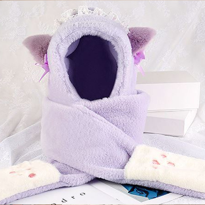 Set Mũ Len Kèm Khăn Choàng Cổ Và Găng Tay Giữ Ấm Mùa Đông Đính Tai Gấu Dễ Thương Thời Trang Cho Bé Gái