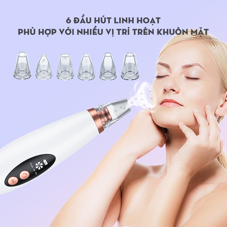 Dụng cụ làm sạch lỗ chân lông hút bã nhờn, Máy hút mụn cám mụn đầu đen kèm 6 đầu hút