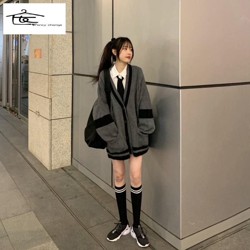 Hàng Có Sẵn Bán Chạy~Áo Khoác Cardigan Dệt Kim Màu Xám Dễ Phối Đồ Thời Trang Thu Đông Phong Cách Hàn Quốc Cho Học Sinh