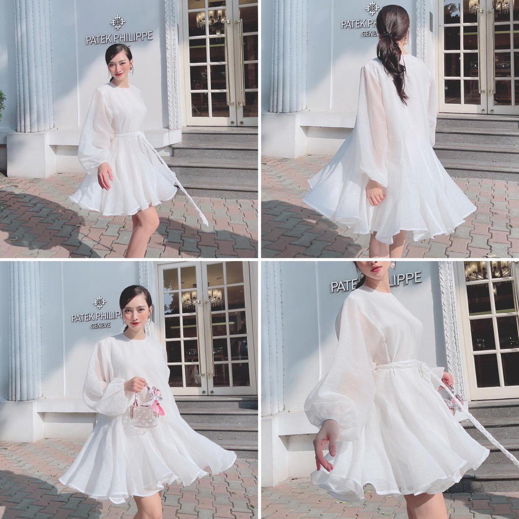 Đầm trắng xòe tay bồng công chúa / Đầm dự tiệc, dạo phố cao cấp thiết kế 2 lớp dày tự tin trong buổi tiệc