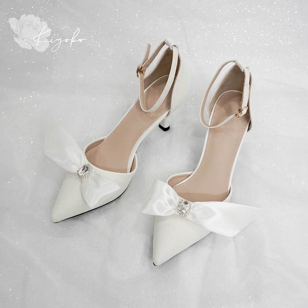 Giày cưới Kiyoko đính nơ satin cách điệu cao 7cm có quai