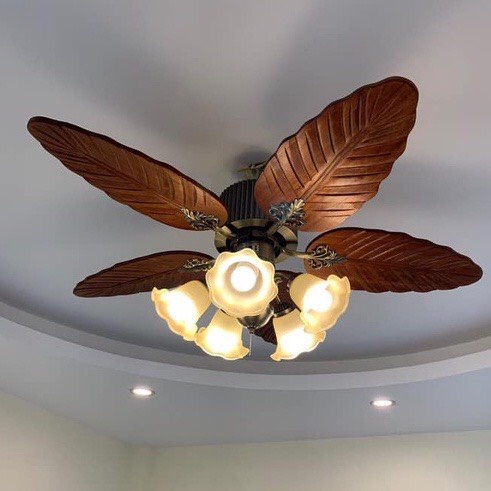 Quạt trần đèn hình lá cây cánh gỗ,6 tốc độ gió,điều khiển từ xa decor phòng khách,ngủ,nhà hàng,spa,quán cafe