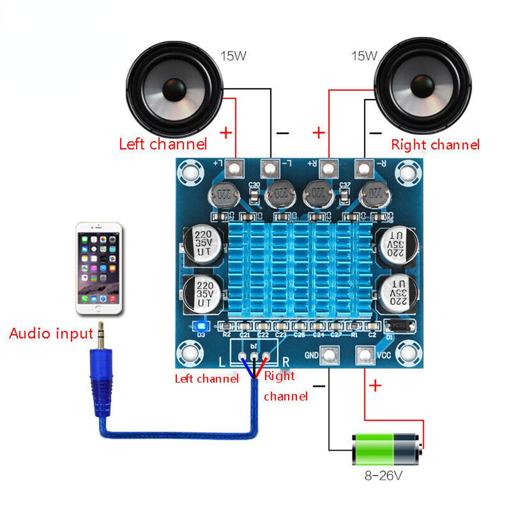 Bảng khuếch đại âm thanh kỹ thuật số với độ phân giải cao 2 kênh C6-001 TPA3110 XH-A232 DC8-26V 2*30W