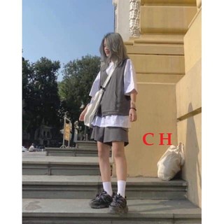 Sét 3 món áo gile + áo phông trắng + quần đùi trơn đen HARIQUEEN