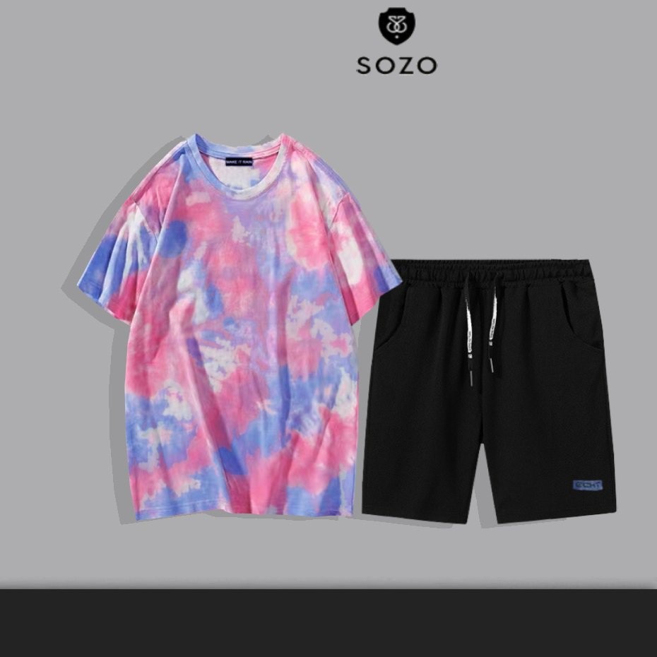 Set Bộ 2 Món Quần Shorts + Áo Thun Nam Nữ Unisex Chất Vải Thun CB2_WAT465CT_MSH002THDEF6 (Loang Trơn + Trơn Logo Xanh)