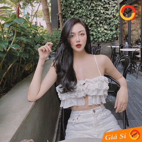 Áo 2 Dây Croptop Bèo 4 Tầng Nút Gỗ (TRẮNG)