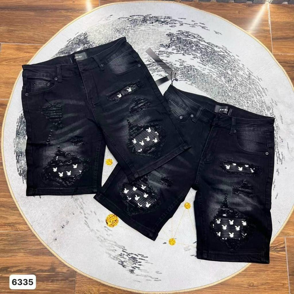 quần short jean nam đen rách vá gối in thỏ mẫu mới nhất,chất jean co giãn 4 chiều giá tốt